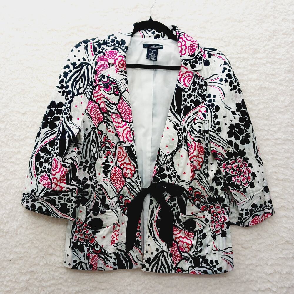 Jacket Waist Tie Open Women Willi Smith Pink Black White Lined Pockets Size L